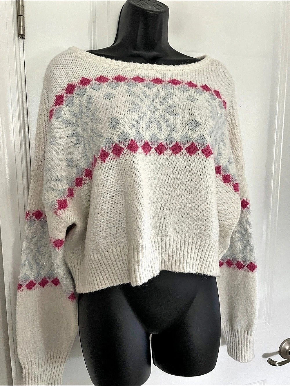 Glittery Snowflake Knit Sweater oversized/cropped Sz XL